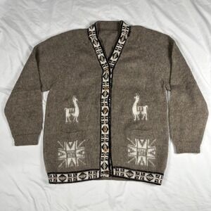 Peruvian Alpaca Wool Knit Cardigan Vtg Wood Button 90s Southwestern Aztec